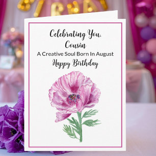 Tarjeta Cumpleaños de prima feliz agosto Amapola púrpura