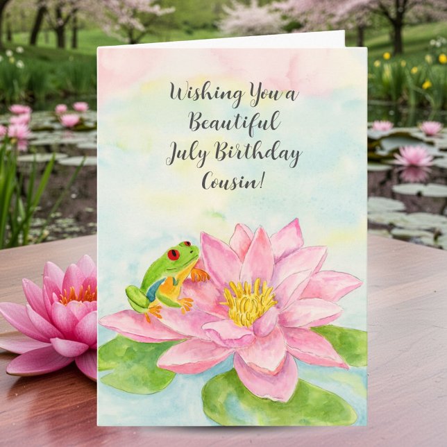 Tarjeta Cumpleaños de prima feliz en julio con nenúfar (Subido por el creador)