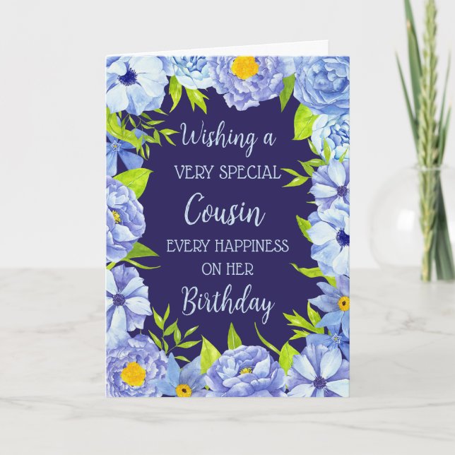 Tarjeta Cumpleaños de Primo de Flores Azules (Anverso)