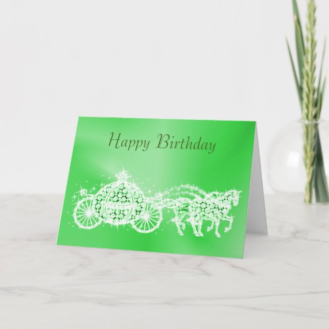 Tarjeta Cumpleaños de Princesa Glitzy Verde Carruaje y Cab (Anverso)