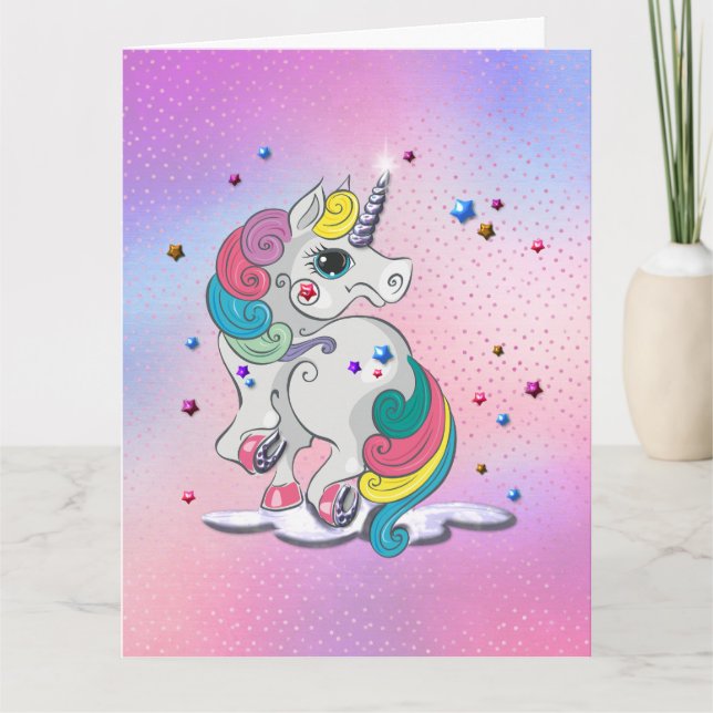 Tarjeta Cumpleaños de Rainbow Unicorn y Stars (Anverso)