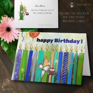 Tarjeta Cumpleaños de ratón caprichoso y velas coloridas