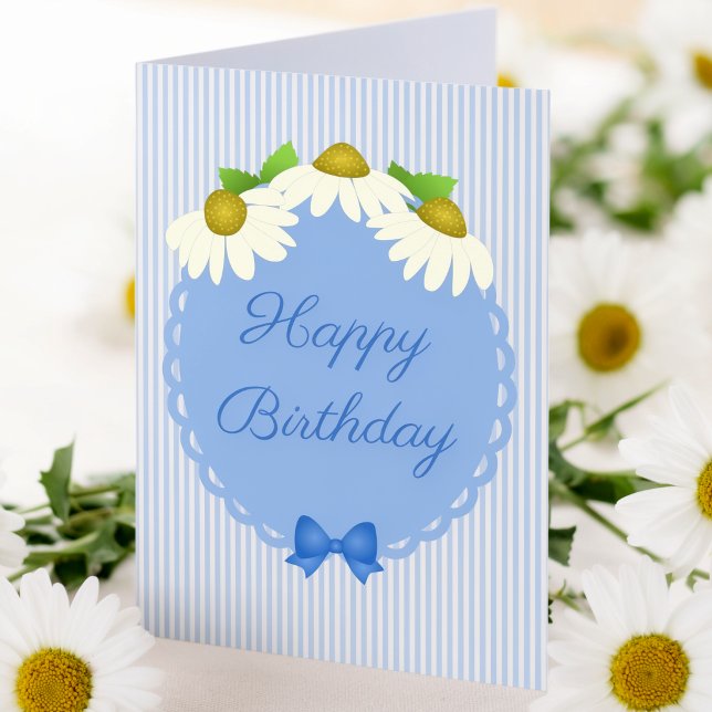 Tarjeta Cumpleaños de rayas azules y blancas con flores (Say it with daisies. A fresh, original illustration that makes every birthday bloom brighter.)