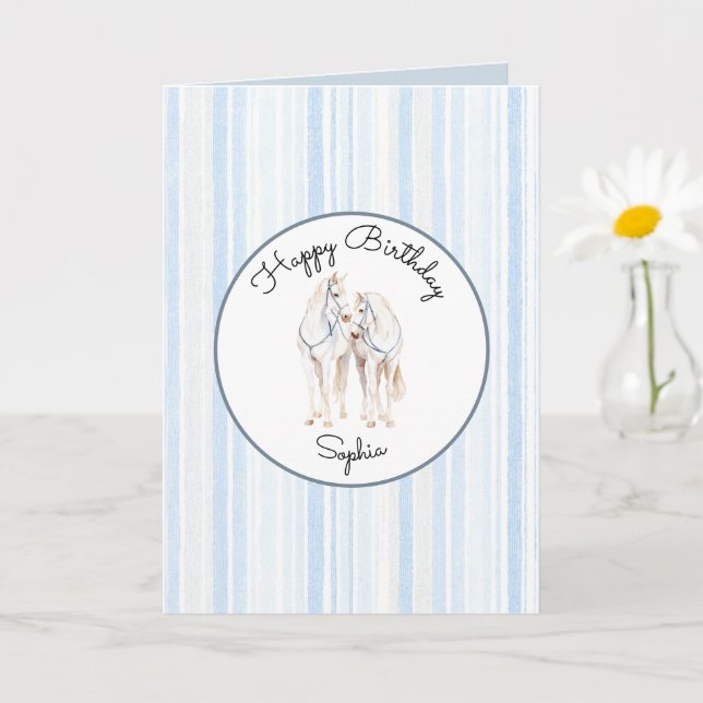 Tarjeta Cumpleaños de rayas blancas y azules bebé Caballos (Planta pequeña)