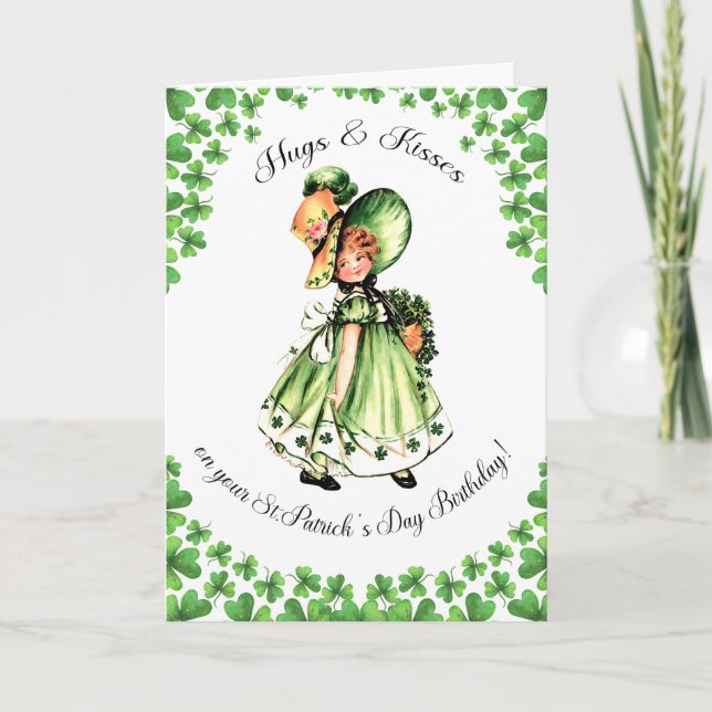 Tarjeta Cumpleaños de San Patricio. Pequeño Chica irlandés (Anverso)