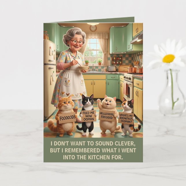 Tarjeta Cumpleaños de Señora de los Gatos Divertida (Planta pequeña)