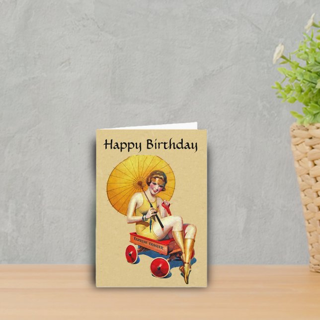 Tarjeta Cumpleaños de Señora Flapper de los Años 20 con Ca (Vintage bathing beauty yellow bathing suit in toy wagon on tan Happy Birthday greeting card.)