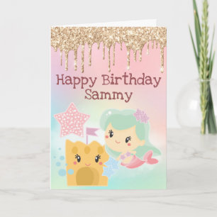 Tarjeta Cumpleaños de Sirena Kawaii y Castillo de Arena co