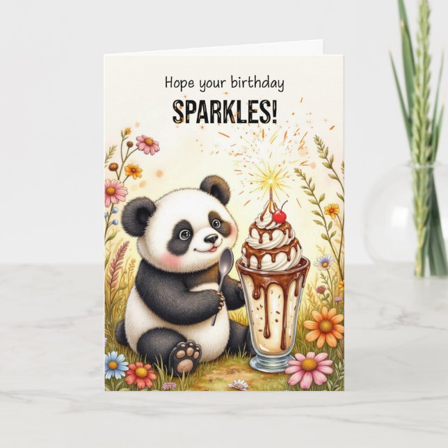 Tarjeta Cumpleaños de Sparkles Panda con helados Sundae (Anverso)