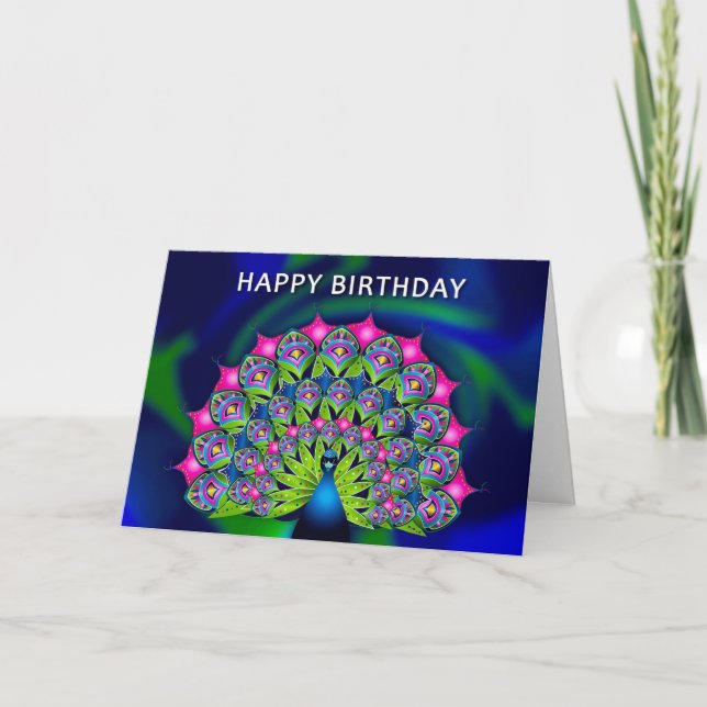 Tarjeta Cumpleaños De Su Hermoso Y Colorido Pavo Real (Anverso)