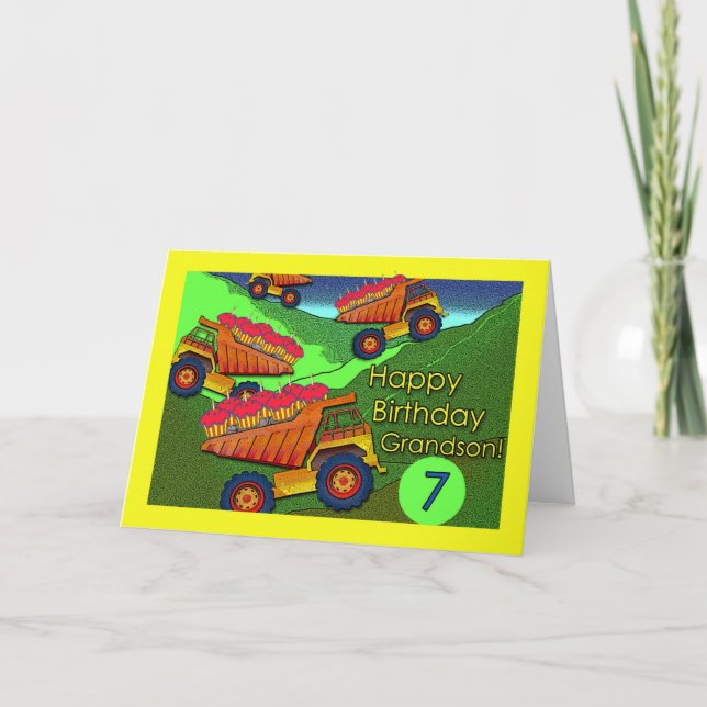 Tarjeta Cumpleaños de su nieto, camiones volcados y pastel (Anverso)