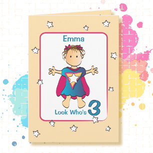 Tarjeta Cumpleaños de Super Niña de Dibujos Animados de 3 