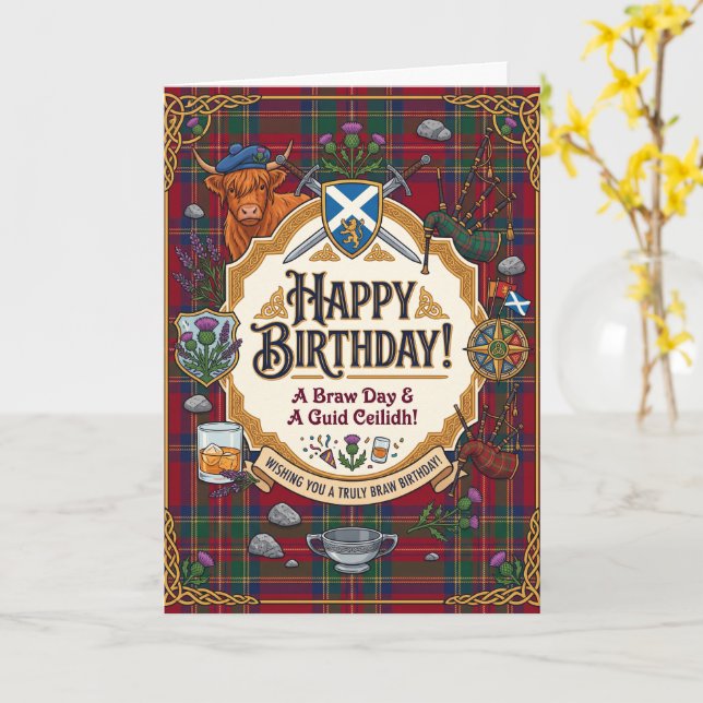 Tarjeta Cumpleaños de Tartán Escocés (flor amarilla)