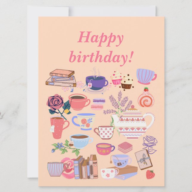 Tarjeta Cumpleaños De Té Y Libros (Anverso)