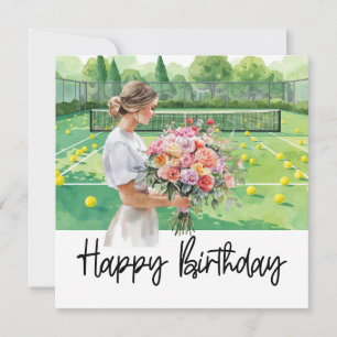 Tarjeta Cumpleaños de tenis con mujer sosteniendo flor en 