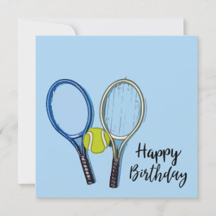 Tarjeta Cumpleaños de tenis con pelota y raqueta azul