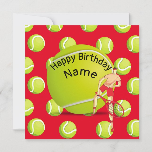 Tarjeta Cumpleaños de tenis con tenista rojo (Anverso)