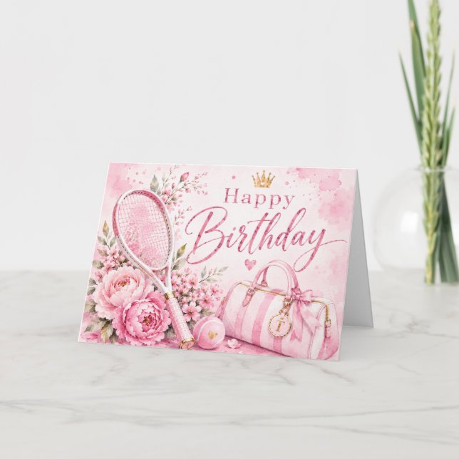 Tarjeta Cumpleaños de tenis tema rosa para jugadora (Anverso)