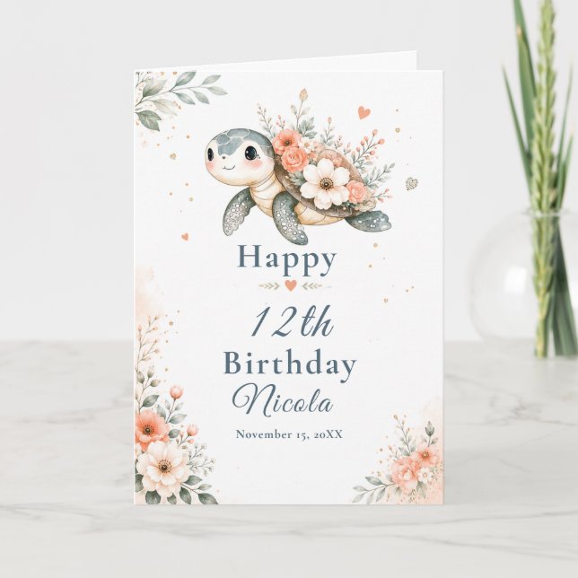 Tarjeta Cumpleaños de Tortuga Floral (Anverso)