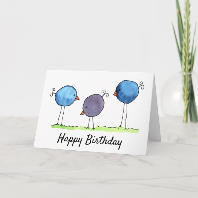 Tarjeta Cumpleaños de tres pájaros acuarela caprichosos (Anverso)