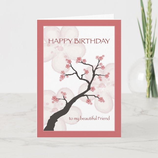 Tarjeta Cumpleaños de un amigo, árbol de flores chino (Anverso)
