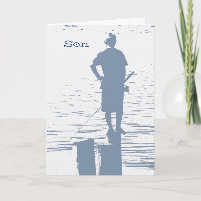 Tarjeta Cumpleaños de un hijo, niño pescando de un costal. (Anverso)