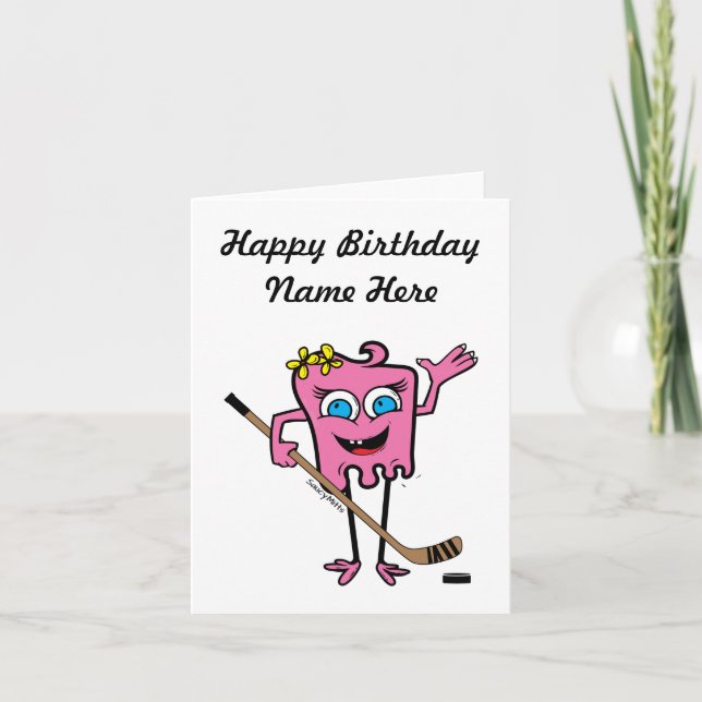 Tarjeta Cumpleaños de un Monstruo de Hockey Rosa Chicas pe (Anverso)