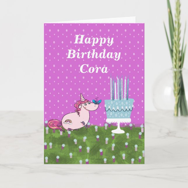 Tarjeta Cumpleaños de una niña con pastel y unicornio (Anverso)