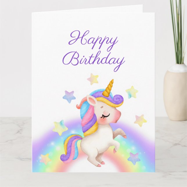 Tarjeta Cumpleaños de Unicornio de Arcoíris de Pastel Mági (Anverso)