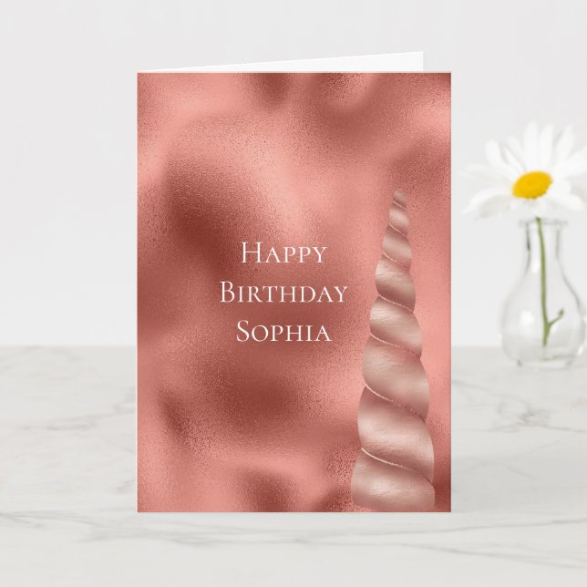 Tarjeta Cumpleaños de Unicornio Glam Rose Gold (Planta pequeña)