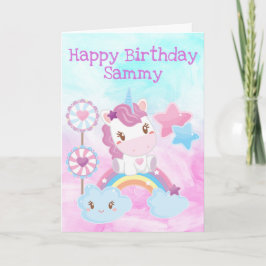 Tarjeta Cumpleaños de Unicornio Lindo, Arcoíris y Piruleta
