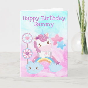 Tarjeta Cumpleaños de Unicornio Lindo, Arcoíris y Piruleta