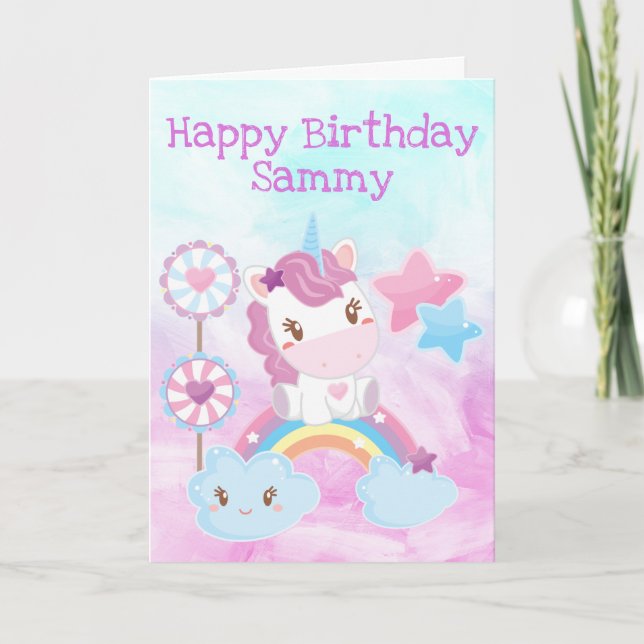 Tarjeta Cumpleaños de Unicornio Lindo, Arcoíris y Piruleta (Anverso)