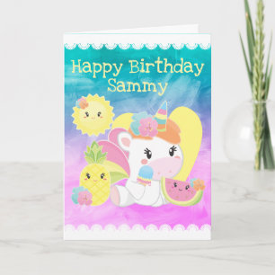 Tarjeta Cumpleaños de Unicornio Tropical de Verano Kawaii 