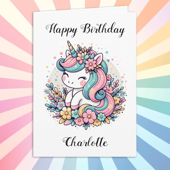 Tarjeta Cumpleaños de unicornio y Chica de flores personal (Subido por el creador)
