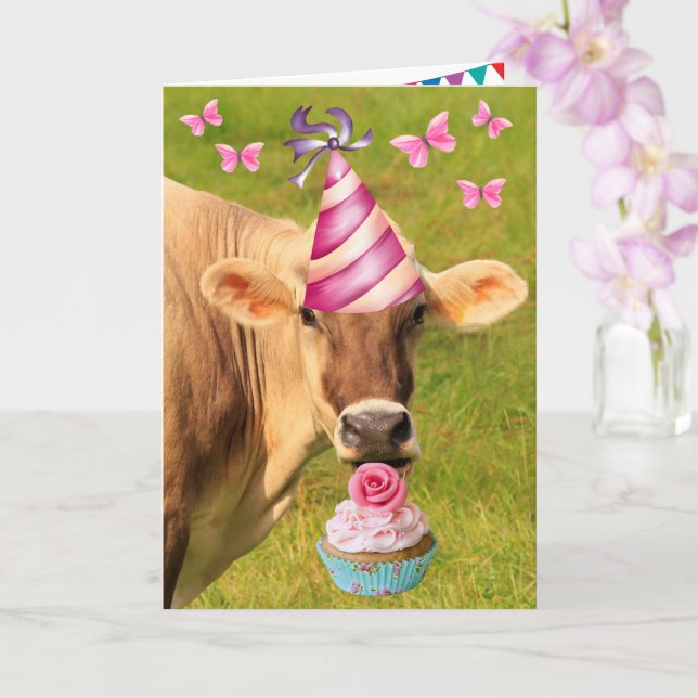 Tarjeta Cumpleaños de Vaca y Cupcake Fiesta (Orquídea)