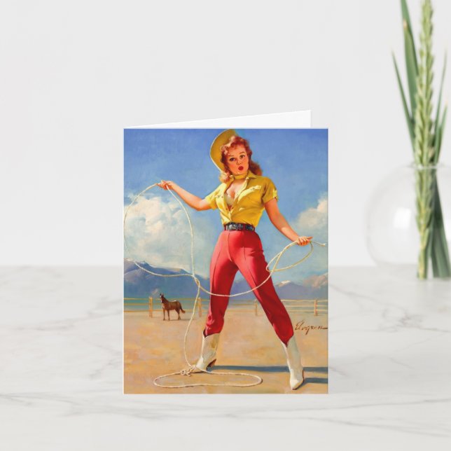 Tarjeta Cumpleaños de vaquera y caballo vintage (Anverso)