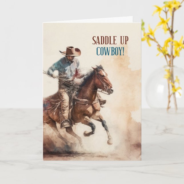 Tarjeta Cumpleaños de vaquero tema occidental a caballo (flor amarilla)
