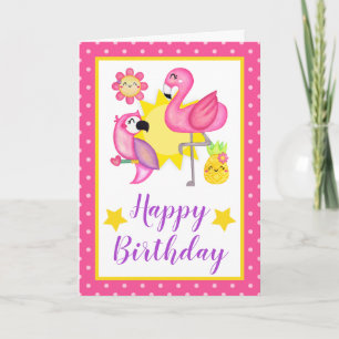 Tarjeta Cumpleaños de verano tropical Flamingo y loro