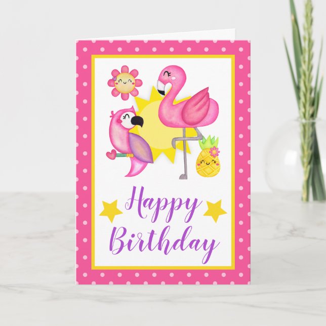 Tarjeta Cumpleaños de verano tropical Flamingo y loro (Anverso)