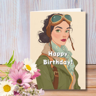 Tarjeta Cumpleaños de Viaje Vintage Retro Aviadora Mujer D