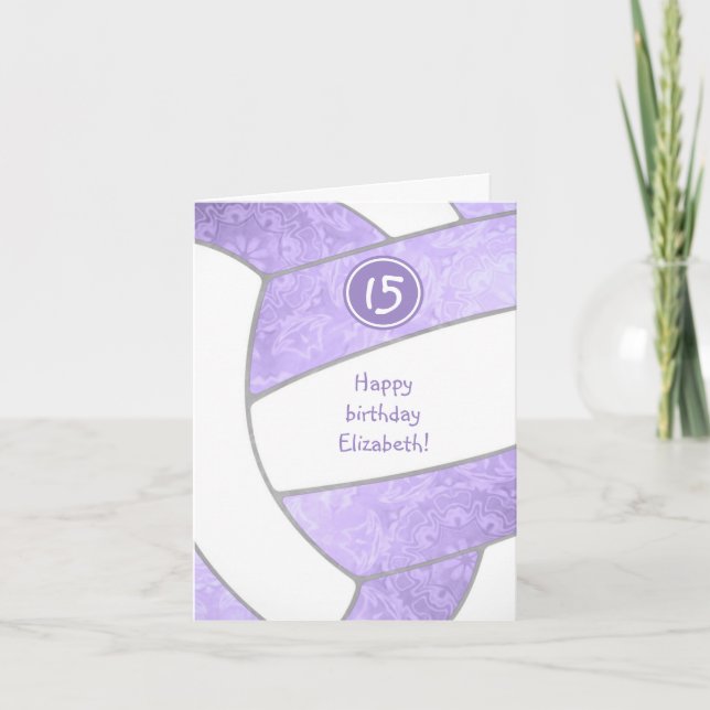 Tarjeta cumpleaños de voleibol púrpura giratorio lilac (Anverso)