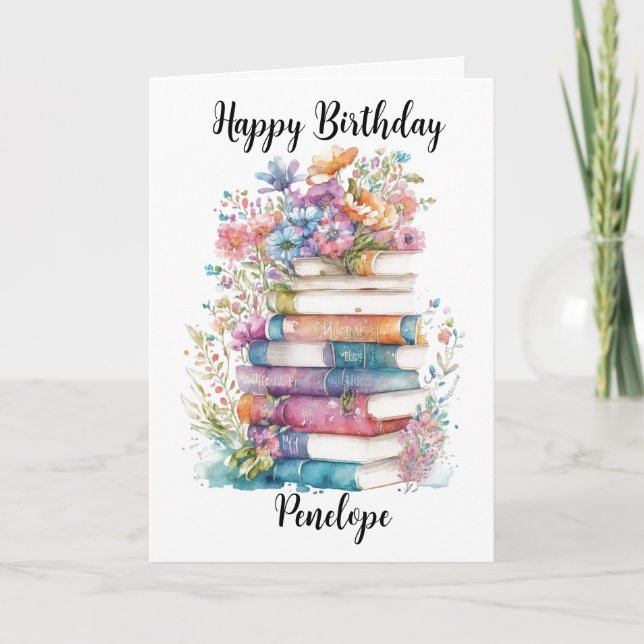 Tarjeta Cumpleaños de Watercolor Bookish (Anverso)