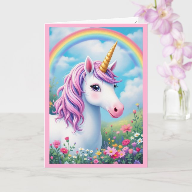 Tarjeta Cumpleaños del arcoiris del Chica Cute Unicornio (Orquídea)
