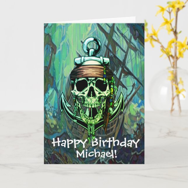 Tarjeta Cumpleaños del Barco fantasma pirata (flor amarilla)