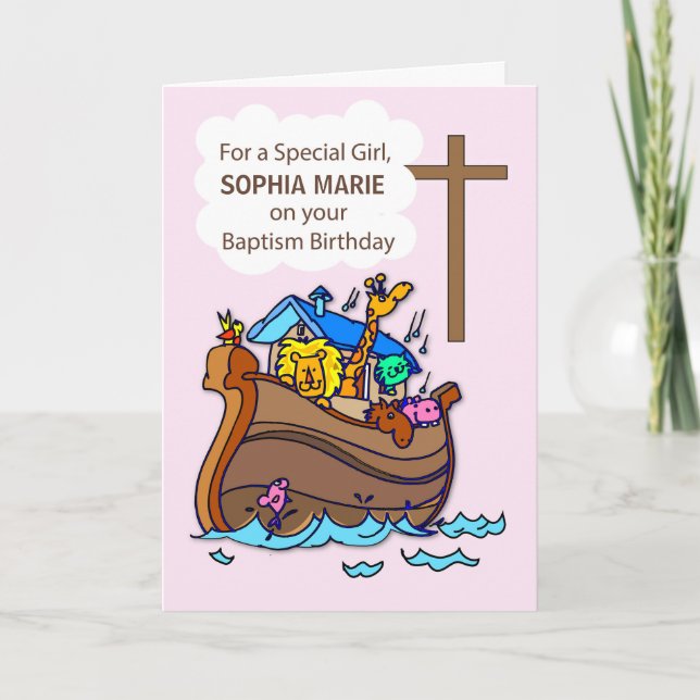 Tarjeta Cumpleaños del bautismo chica con el arca de Noahs (Anverso)