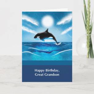 Tarjeta Cumpleaños del bisnieto con ballena orca en el océ