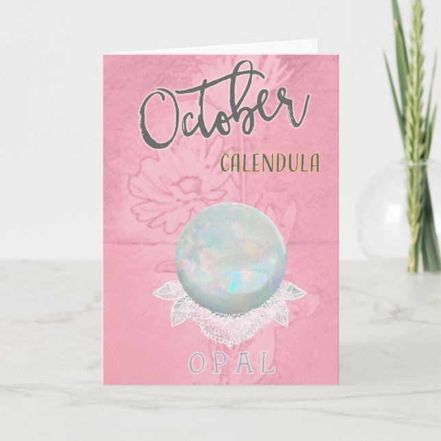 Tarjeta Cumpleaños del Calendula y del ópalo de octubre (Anverso)