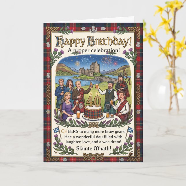 Tarjeta Cumpleaños del Castillo Escocés (flor amarilla)