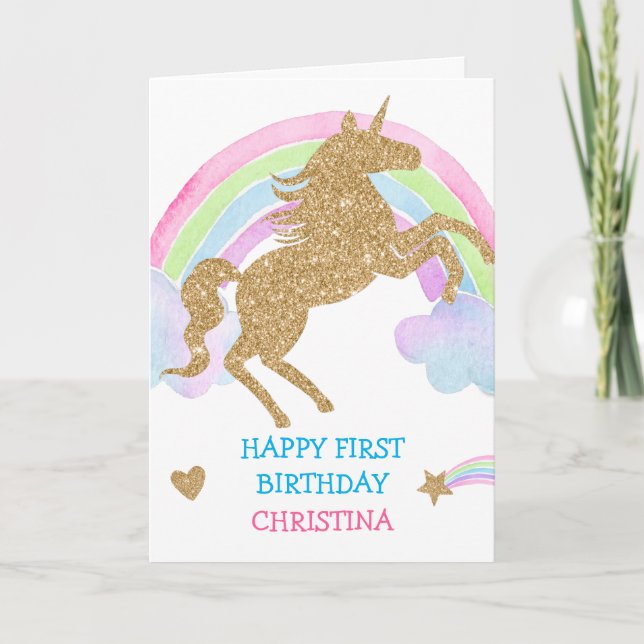 Tarjeta Cumpleaños del Chica arcoiris Unicornio Purpurina  (Anverso)